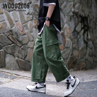 WOOG2005日系cityboy裤子高街男军绿色拼接纯色九分直筒工装裤夏