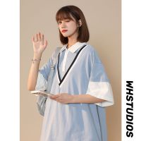 WOOG2005夏季情侣五分袖polo领衫假两件T恤青年宽松短袖网红高雅