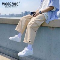 WOOG2005卡其色裤子高街潮ins日系cityboy工装裤男夏季卷边九分裤