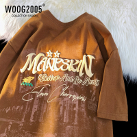 WOOG2005美式复古短袖T恤男卡其色设计感字母印花圆领情侣装衣服