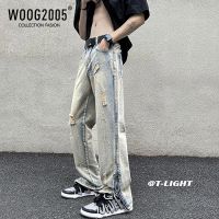 WOOG2005美式hiphop裤子vibe高街开叉破洞牛仔裤男ins潮夏季长裤