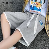 WOOG2005港风宽松夏季假两件拼接针织华夫格休闲五分裤潮牌短裤