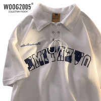 WOOG2005美式polo衫短袖男设计感小众系带翻领重磅t恤ins潮流半袖