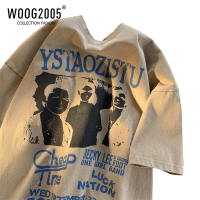 WOOG2005茶棕色重磅T恤oversize小领口涂鸦vtg短袖设计感小众中袖