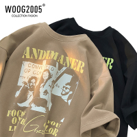 WOOG2005美式复古t恤oversize潮牌棕色短袖男夏季重磅七分袖体恤