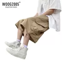 WOOG2005卡其色短裤男夏季日系cityboy裤子过膝七分裤直筒工装裤