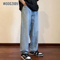 WOOG2005潮牌欧美街头裤子浅蓝色牛仔裤男夏季薄款宽松阔腿直筒裤