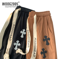 WOOG2005棕色裤子男夏薄款宽松垂感日系复古潮牌字架印花阔腿裤