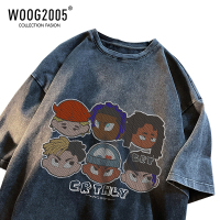 WOOG2005美式复古T恤男高街潮ins水洗做旧短袖卡通印花宽松半袖夏