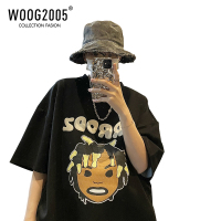 WOOG2005美式hiphop短袖男人物像素印潮insT恤花发泡立体黑色半袖
