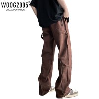 WOOG2005美式复古棕咖色牛仔裤男夏季潮牌拉链工装裤子高街潮ins