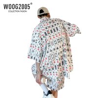 WOOG2005麻将战衣套装男夏季潮牌衬衫情侣装一套短袖短裤睡衣两件