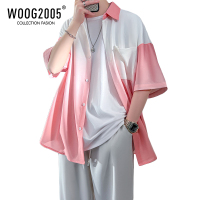 WOOG2005粉色渐变冰丝衬衫夏天薄款很仙的情侣衬衣短袖渐变外套男