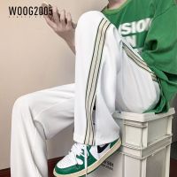 WOOG2005港风条纹拖地长裤男夏季新款宽松裤脚开衩设计感休闲裤子