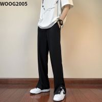 WOOG2005港风痞帅ins夏季黑色休闲西裤男冰丝裤脚开衩设计感裤子