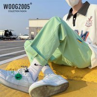 WOOG2005牛油果绿裤子男夏季薄款阔腿工装裤直筒宽松九分休闲裤潮