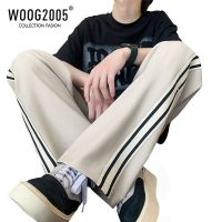 WOOG2005冰丝阔腿裤男夏直筒拖地裤垂感高级感休闲裤子条纹运动裤
