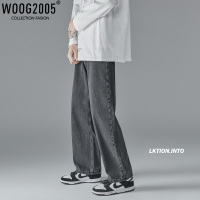 WOOG200黑色裤子男宽松百搭潮流直筒裤高街刺绣牛仔裤男夏季长裤