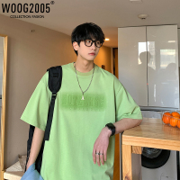 WOOG2005美式重磅牛油果绿t恤高街ins潮纯棉短袖男夏季体恤五分袖