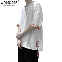 WOOG2005不规则开叉t恤oversize白色短袖男夏季高街体恤上衣半袖