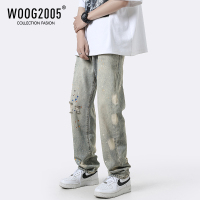 WOOG2005牛仔裤破洞潮ins高街男欧美hiphop裤子漆点泼墨直筒长裤