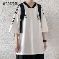WOOG2005港风短袖男士2022年夏季新款大码校园风棒球V领五分袖T恤