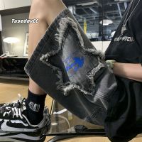 WOOG2005港风刺绣印花牛仔短裤男士ins潮流毛边夏季宽松五分裤子