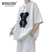 WOOG2005青少年华夫格套装男潮流初中生小熊贴标短袖短裤男装一套