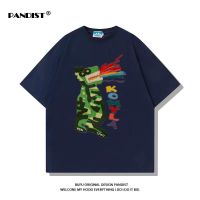 PANDIST潮牌港风搞怪喷火恐龙印花100%纯棉短袖上衣男2022流行T恤