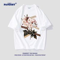 PANDIST夏季美式复古植物花卉纯棉短袖T恤男女高级感情侣上衣潮