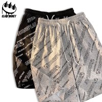CLAW MONEY 休闲短裤男宽松百搭字母满印港风直筒阔腿裤韩版潮流