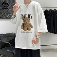 Claw money小熊印花宽松七分袖T恤男夏季潮流ins休闲帅气短袖体恤