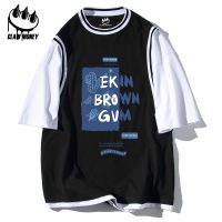 Claw money夏季男士假两件篮球短袖t恤纯棉落肩圆领宽松印花上衣