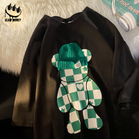 Claw money短袖夏季新款百搭潮流休闲半袖宽松印花格子熊情侣T恤