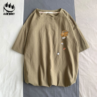 claw money夏季潮流棉麻短袖T恤男休闲亚麻五分袖青少年帅气体恤