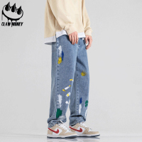 Claw money高街美式阔腿裤子男夏季薄款涂鸦直筒牛仔裤复古长裤子