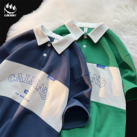 Claw money新款宽松拼色polo衫女夏季情侣短袖港风上衣翻领T恤ins