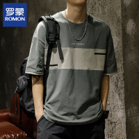 罗蒙高端潮牌t恤男士夏季宽松加肥加大码男装短袖拼接半袖上衣服