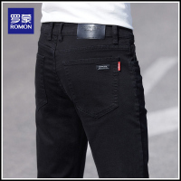 罗蒙高端轻奢纯黑色牛仔裤男夏季薄款弹力男士修身直筒休闲长裤子
