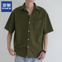 罗蒙夏日系复古纯色宽松大码工装短袖衬衫男薄款韩版中袖衬衣潮