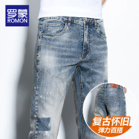 罗蒙复古款牛仔裤男士弹力纯棉长裤青年商务修身直筒重工怀旧蓝色