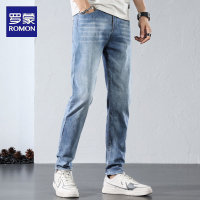 罗蒙高端浅蓝色牛仔裤男弹力小直筒裤百搭修身长裤子青年学生简约