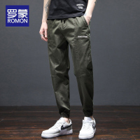罗蒙高档休闲裤男士军绿色束脚裤松紧腰棉弹力宽松百搭裤日系青年