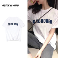 Victory&vera新款短袖T恤女装宽松大码百搭韩版夏装白色印花纯棉