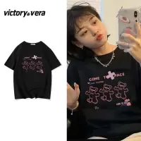 Victory&vera小熊黑色纯棉短袖t恤女2022显瘦宽松半袖小个子体恤