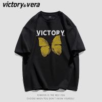VICTORYVERA复古蝴蝶结印花短袖T恤女2022夏季新款宽松韩版上衣服