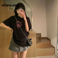 Victory&vera爱心字母logo印花T恤女夏季潮牌宽松原宿风辣妹上衣