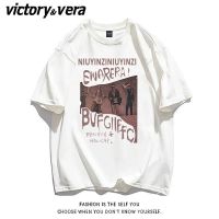VICTORYVERA美式短袖t恤女宽松复古印花设计感hiphop潮牌休闲上衣