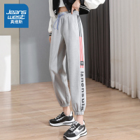 真维斯裤子女ins春秋季韩版宽松百搭三杠字母印花运动束脚九分裤