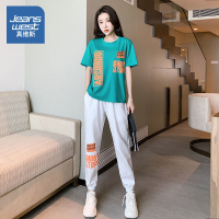 真维斯2022年夏季新款洋气减龄显瘦时尚潮牌休闲运动裤两件套装女